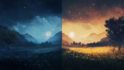 Dreamy valley meadow sharing day and night in harmony.