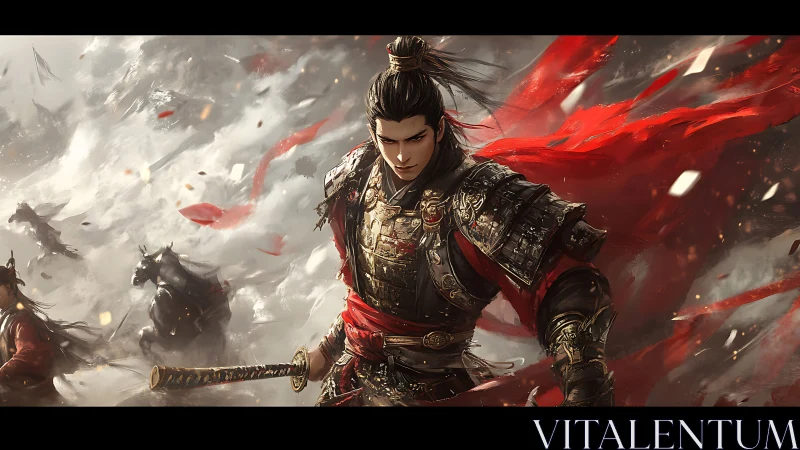Storm-lit warrior prince strides through swirling red banners.
