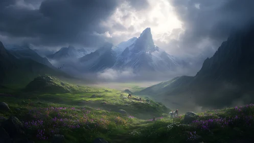 Sunlit travelers cross a lush valley beneath stormy peaks