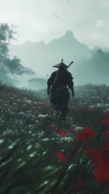 Lone samurai walks through rain-soaked wildflower field