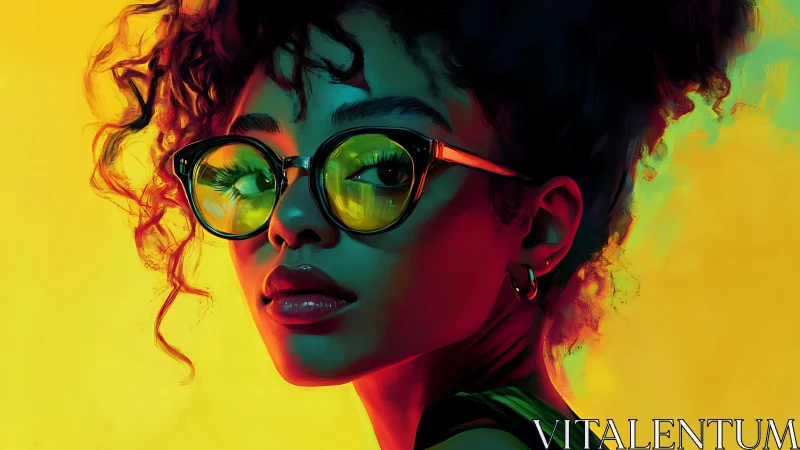 Neon-lit digital portrait of curly-haired woman with glasses