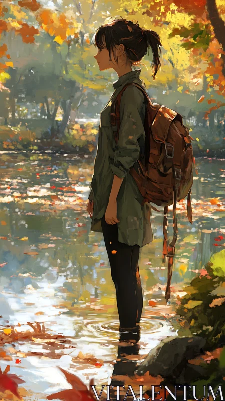 Autumn hiker standing in reflective woodland pond profile