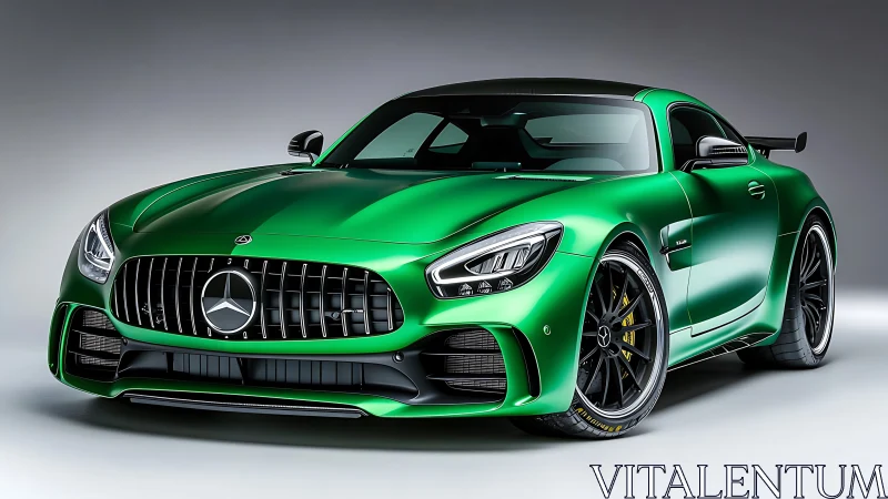 Emerald green Mercedes AMG coupe in studio-front angle view.