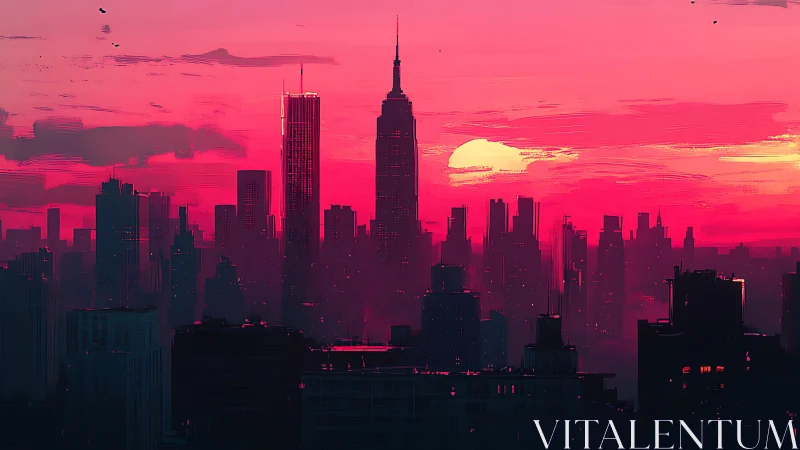 Pink and red digital skyline at sunset over tall city towers.
