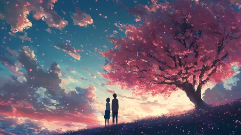 Twilight blossom hillside and two quiet hearts in silhouette.