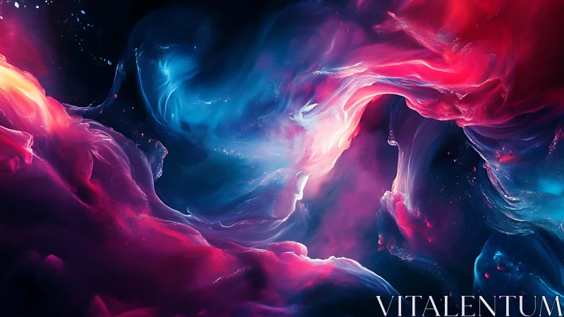 Nebulous crimson and cyan vortex in cosmic fluid motion.