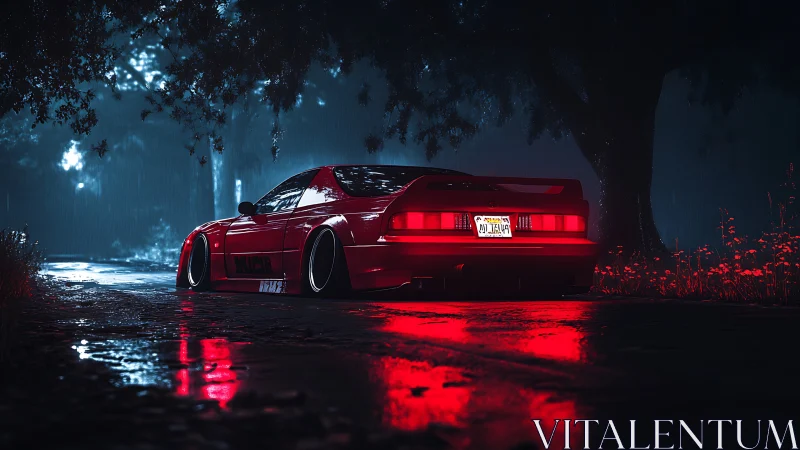 Lowered red sports car on wet forest road at night.