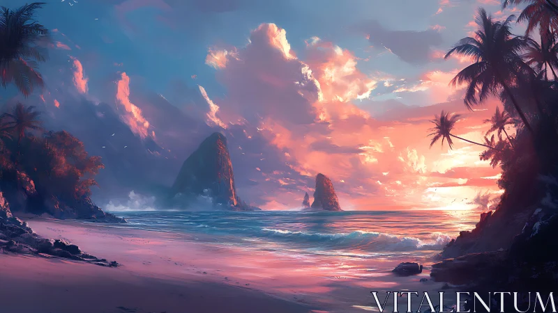 Tropical beach scene with rocky formations and sunset lighting.