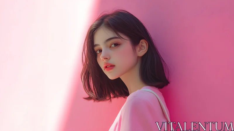 Portrait of stylish woman against soft pink gradient wall.