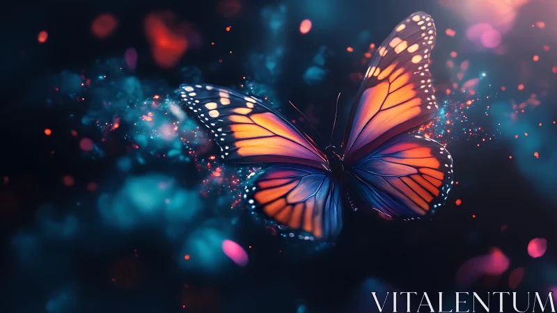 Bicolor butterfly in luminous abstract particle field.