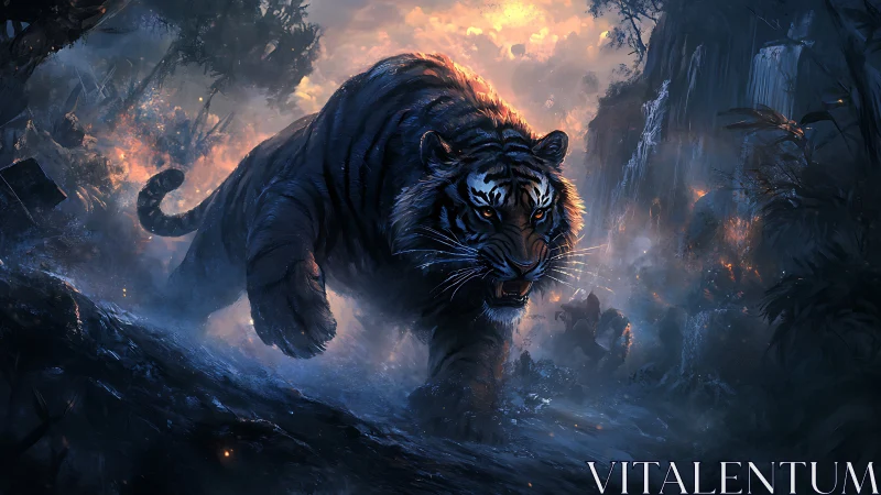 Predatory tiger strides through embers in cinematic jungle lighting