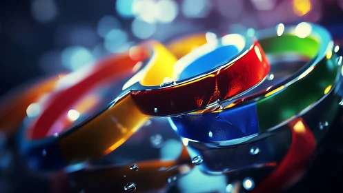 Luminous stacked bangles in vivid reflective color rings.