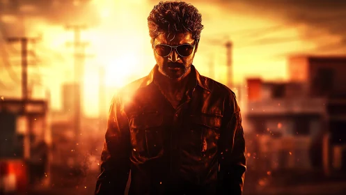 Intense male figure in sunglasses against fiery city backdrop.