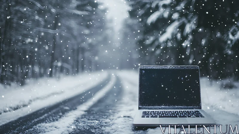 Open laptop in snowfall on deserted winter road with shallow focus