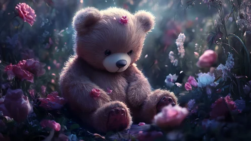 Soft-focus digital painting of teddy bear in floralscape.