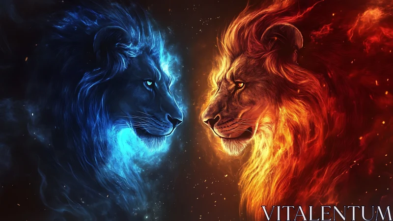 Dual Lion Profiles: Blue Celestial and Red Infernal Contrast Study