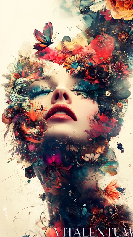 Female face merges with vivid floral and butterfly abstraction