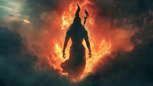 Silhouetted trident-bearing figure before circular fire portal.