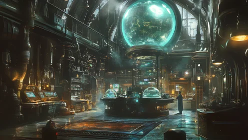 Futuristic observatory laboratory glows under suspended data globe