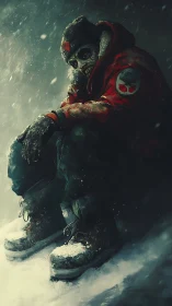 Skeletal figure in red parka seated in harsh winter storm.