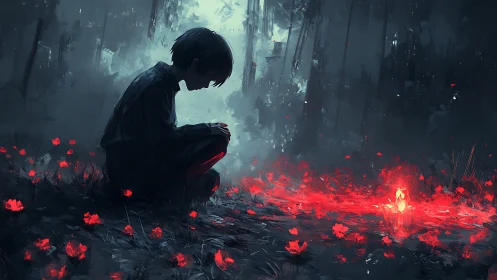 Silhouetted figure in dark forest with vivid red flowers.