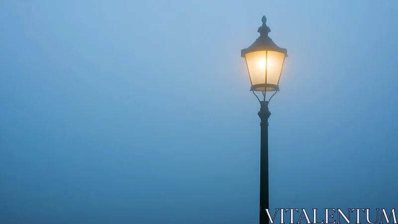 Solitary streetlamp glows softly through dense morning fog.