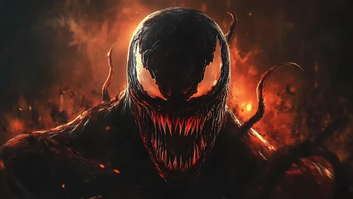 Fiery symbiotic monster grinning through swirling darkness.
