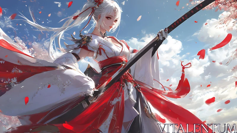 Skyborn blossom samurai poised in scarlet windstorm.