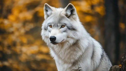 White wolf stands in sharp focus against blurred autumn woods