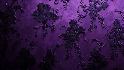 Deep violet floral damask wallpaper with embossed texture.