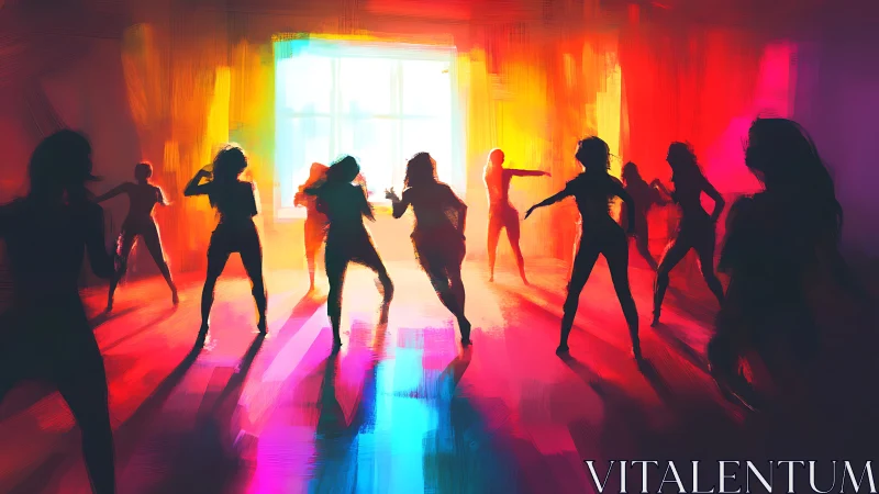 Joyful dance silhouettes glowing in a rainbow-lit studio.