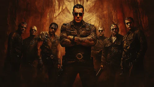 Parametric low‑key portrait of armored mercenary squad in rust haze