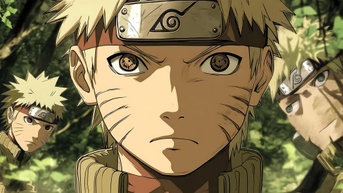 Leaf-shadowed ninja trio burns with unshakable resolve.