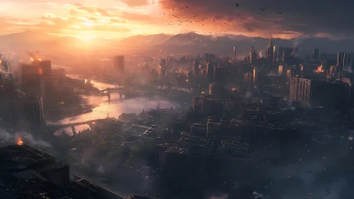 Sunset glow over a smoky, resilient riverside cityscape.