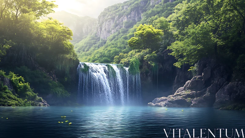 Sunlit forest waterfall pouring into tranquil blue pool.