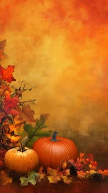 Pumpkins and golden leaves resting in cozy autumn light.