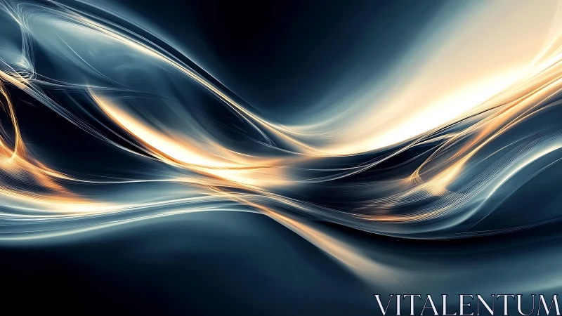 Abstract flowing light waves in deep blue and gold digital art.