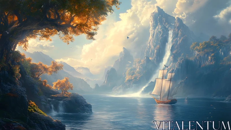 Tall ship glides through a luminous fantasy fjord at dawn
