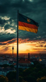 German cityscape and stylized flag rendered in dramatic sunset