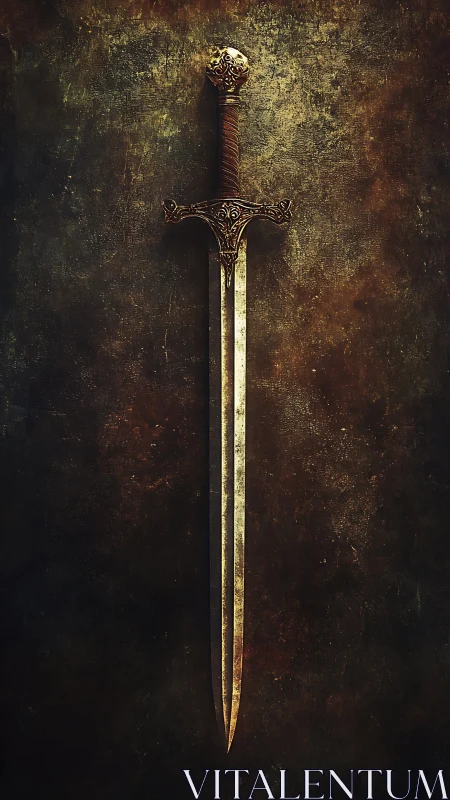 Medieval longsword hangs against worn textured wall