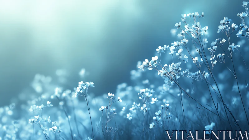 Delicate White Baby's Breath Flowers in Soft Blue Bokeh Light.