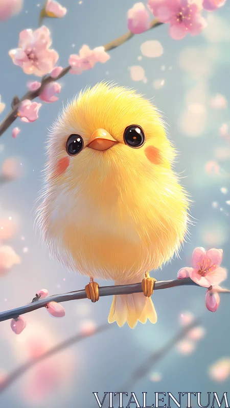 Fluffy yellow chick perches on cherry blossom branch softly