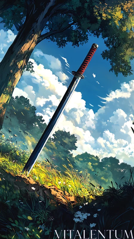 Katana embedded in sunlit forest clearing under sky.