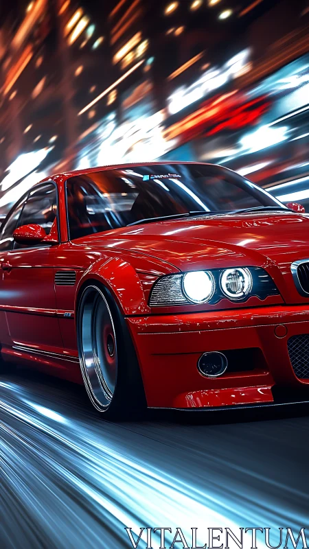 Red sports coupe slices through neon city streets at speed.