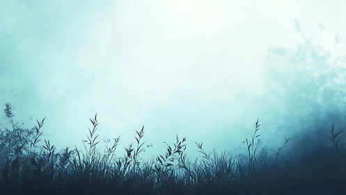 Misty blue horizon with silhouetted grass and foliage foreground.