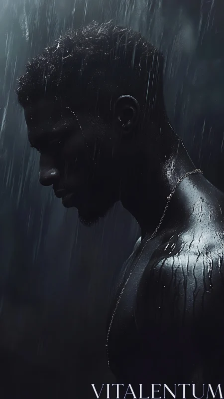 Solitary rain-soaked silhouette in dramatic side profile.