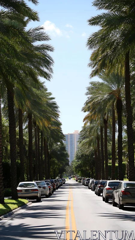 Palm-lined city corridor stretches toward sunlit towers