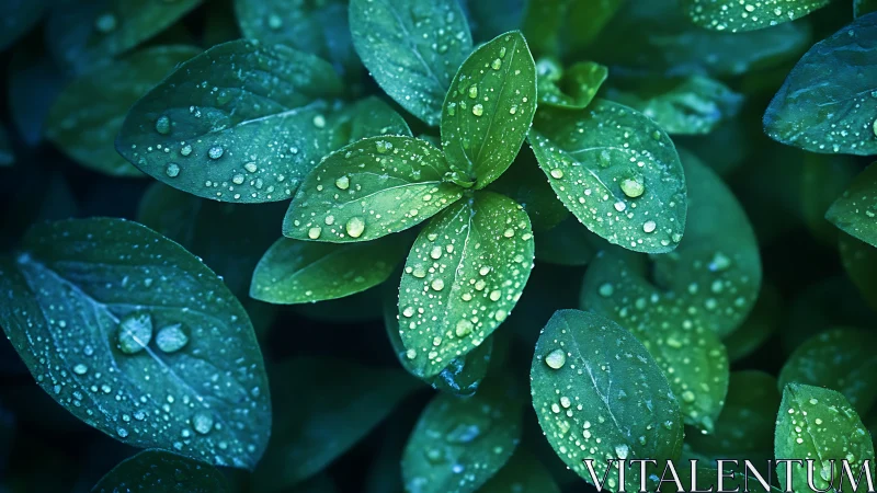 Luminous green leaves with dewdrops in cool blue light.