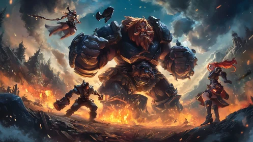 Armored giant leads fantasy warriors in fiery battlefield