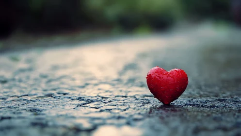 Red Heart Rests on Wet Stone Path.